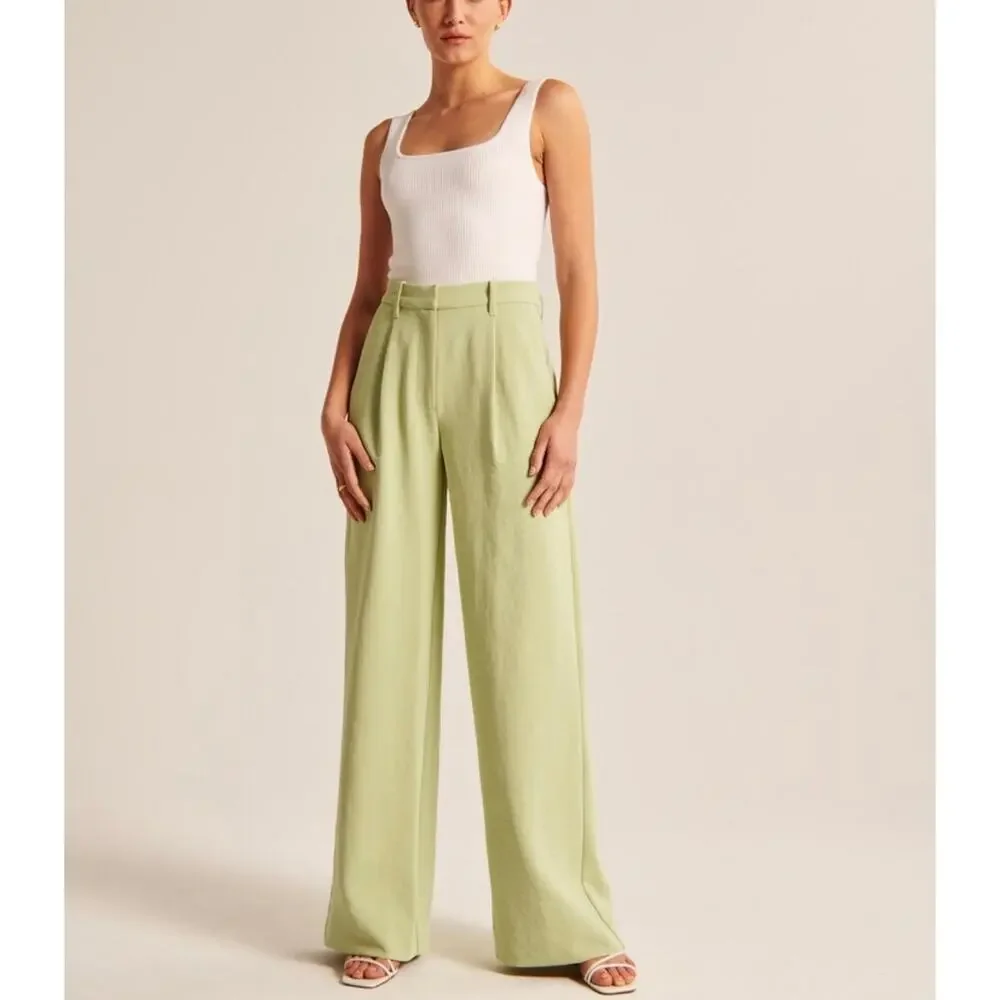 Abercrombie & Fitch Crepe Tailored Ultra Wide Leg Pants Size 28 Lime Green - Picture 1 of 12